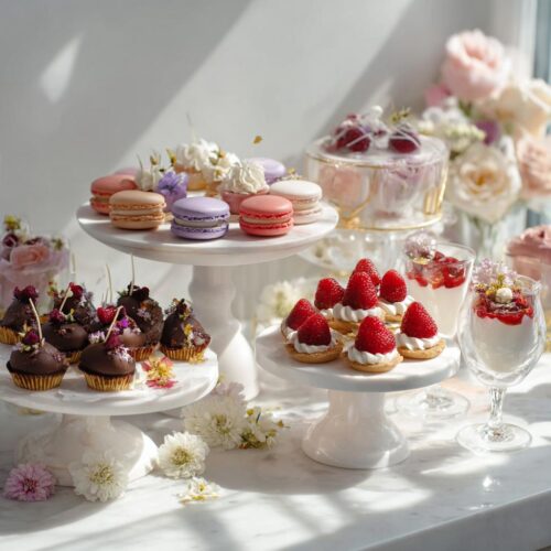 A beautiful arrangement for dessert table ideas featuring colorful macarons, chocolate truffles, and strawberry tarts.