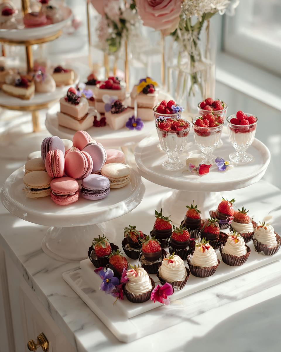 A beautiful display showcasing Dessert Table Ideas for Elegant Parties, featuring macarons, mini cupcakes, and berry parfaits.