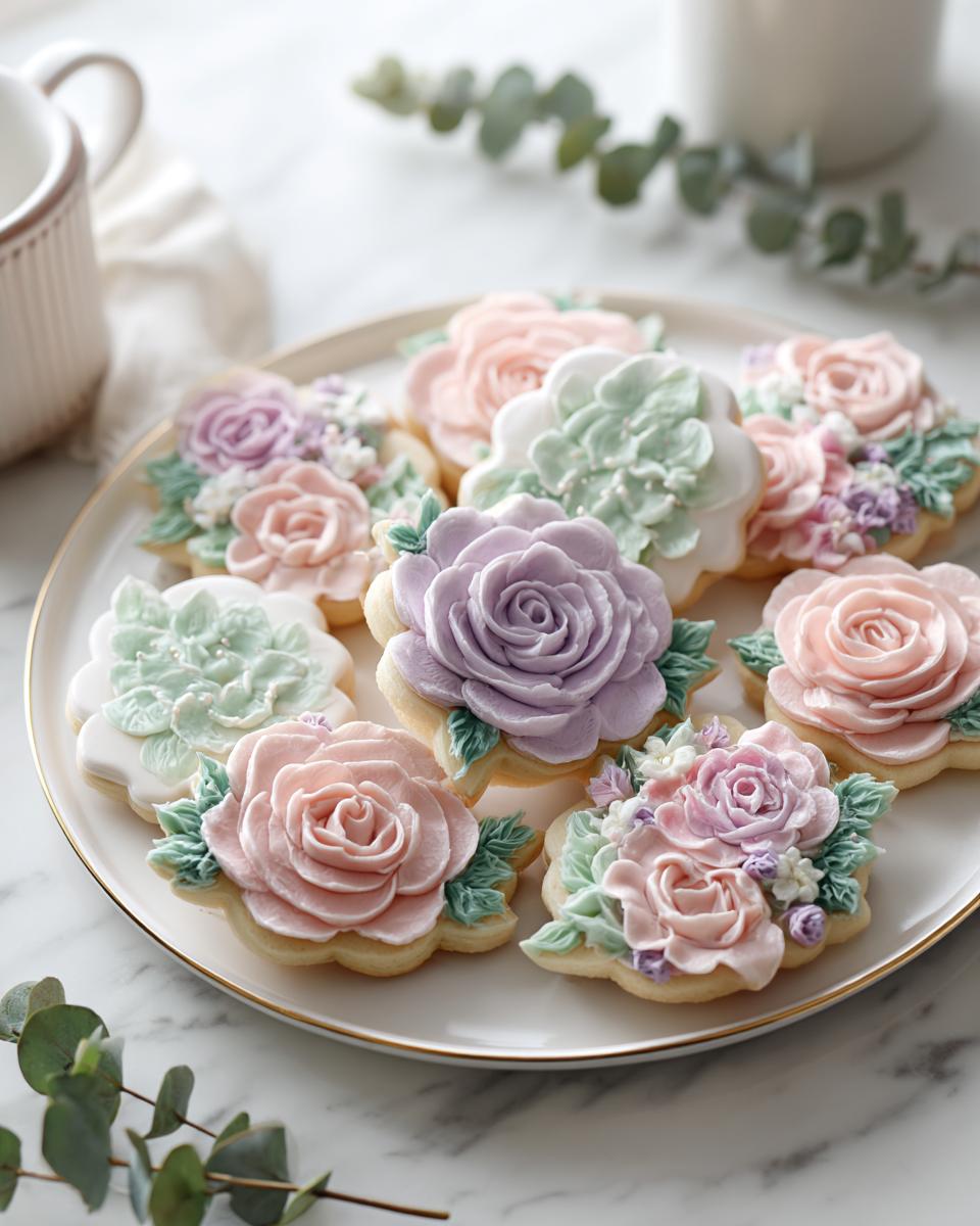 A plate of exquisitely decorated Floral Baby Shower Decorated Cookies featuring piped buttercream roses in pastel pink, lavender, and mint green.