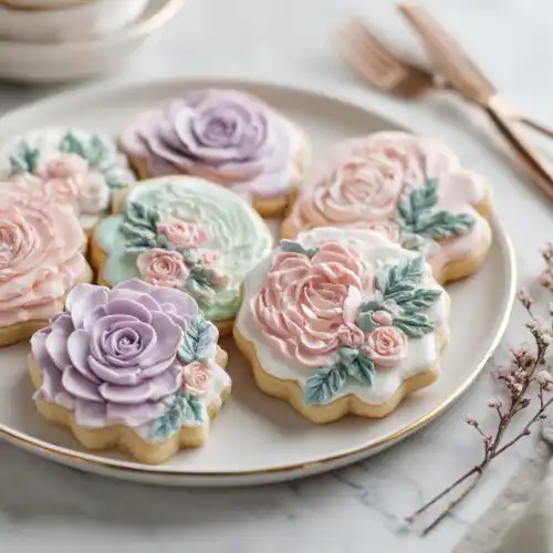 A plate featuring several stunning Floral Baby Shower Decorated Cookies with pastel buttercream roses and leaves.