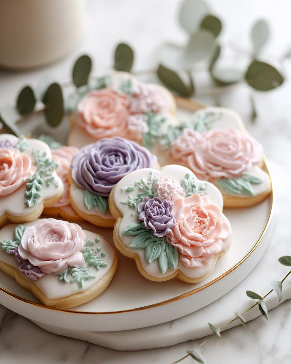 A close-up of several beautifully decorated Floral Baby Shower Decorated Cookies featuring piped buttercream roses in pastel pink and lavender.