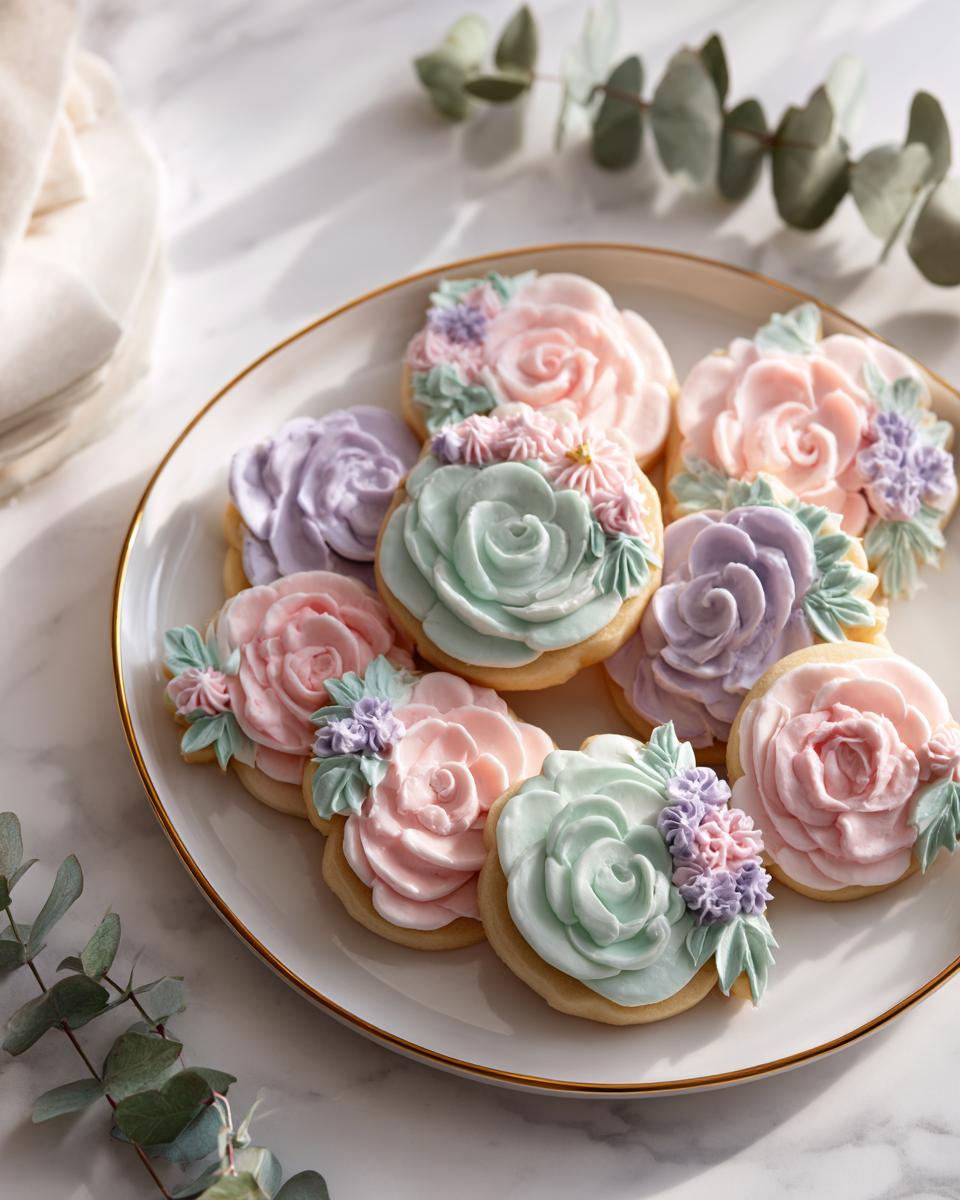 A plate of beautifully piped Floral Baby Shower Decorated Cookies in pastel pink, mint green, and lavender.