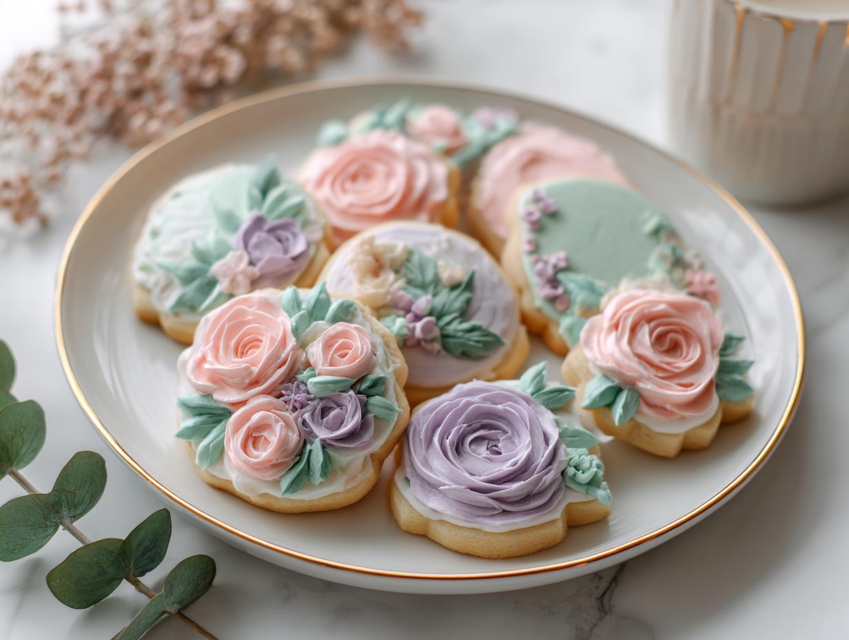 A plate of beautifully decorated sugar cookies featuring piped buttercream flowers, perfect for Floral Baby Shower Decorated Cookies.