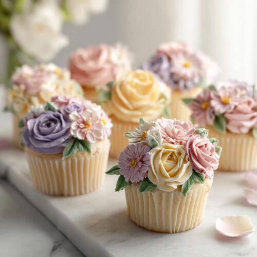 A close-up of several beautifully decorated Floral Buttercream Wildflower Cupcakes featuring pastel roses and small blossoms.