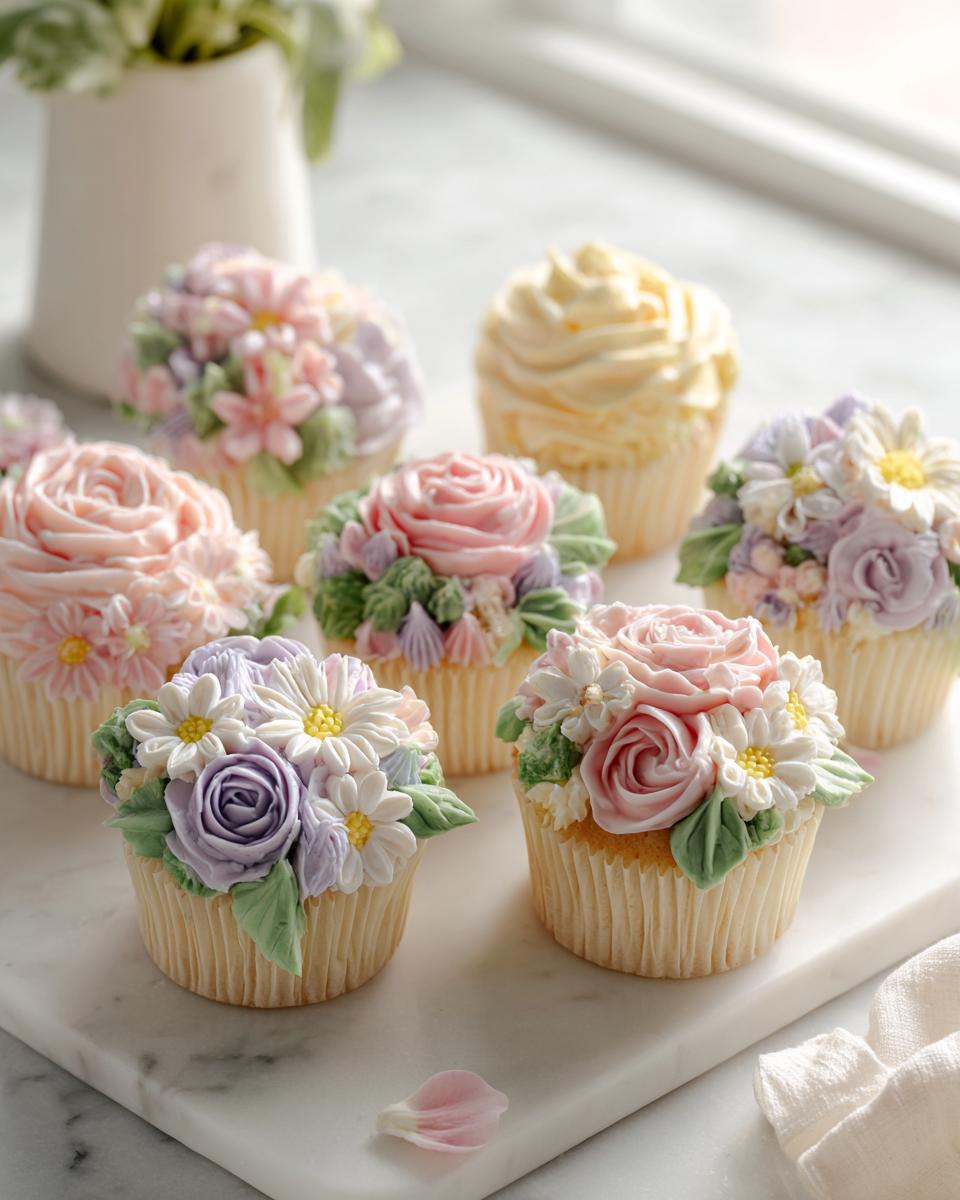A collection of beautifully decorated Floral Buttercream Wildflower Cupcakes featuring pink roses and purple daisies.