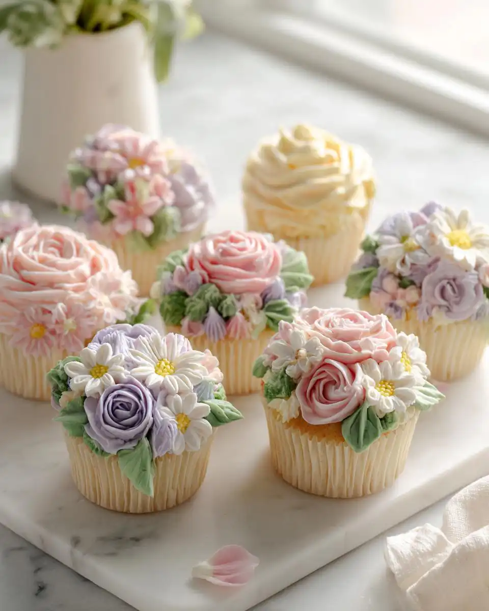 A collection of beautifully decorated Floral Buttercream Wildflower Cupcakes featuring pink roses and purple daisies.