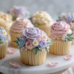 A close-up of several vanilla cupcakes topped with intricate, colorful Floral Buttercream Wildflower Cupcakes designs.