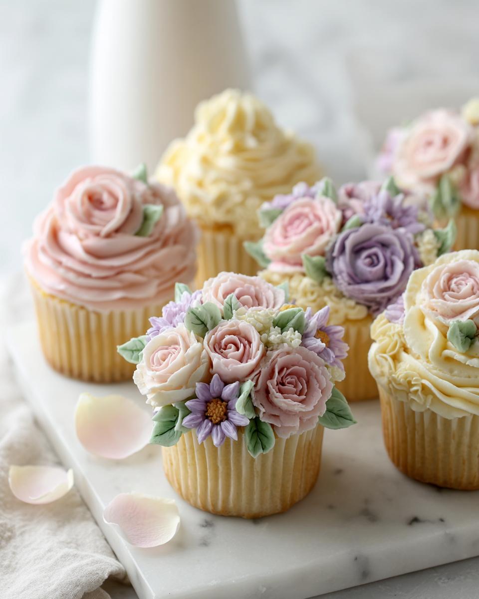 A close-up of several stunning Floral Buttercream Wildflower Cupcakes decorated with realistic piped roses and small purple flowers.