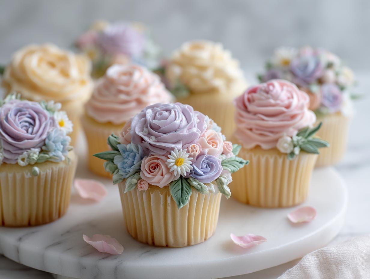 A close-up of several vanilla cupcakes topped with intricate, colorful Floral Buttercream Wildflower Cupcakes designs.