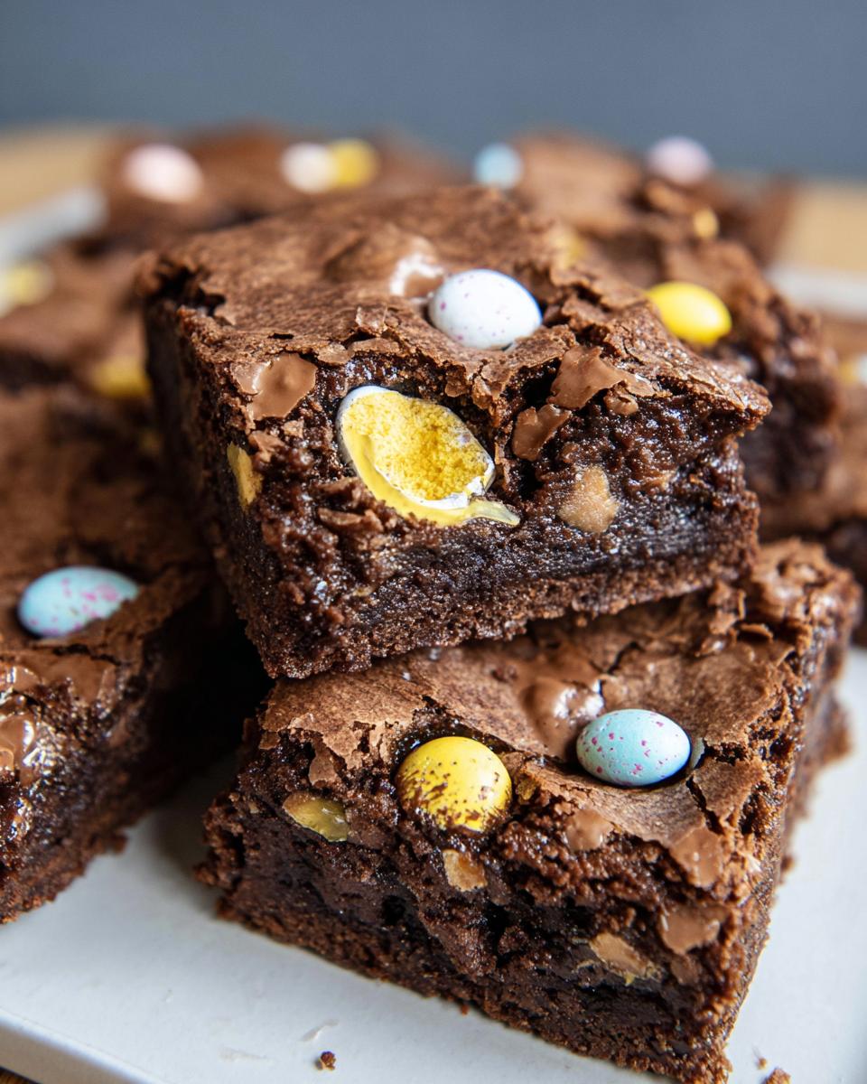 Close-up of fudgy Cadbury Egg Brownies topped with colorful mini chocolate eggs.