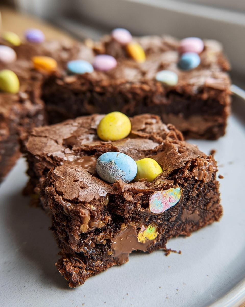 Close-up of a fudgy Cadbury Egg Brownies square showing a gooey melted chocolate center and colorful mini eggs on top.