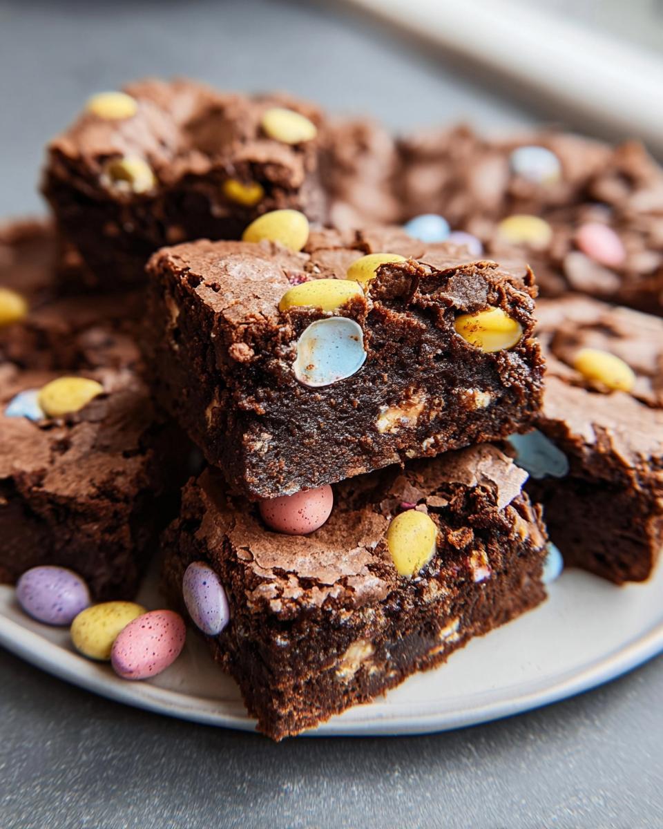 Close-up of fudgy Cadbury Egg Brownies stacked, topped with colorful mini chocolate eggs.