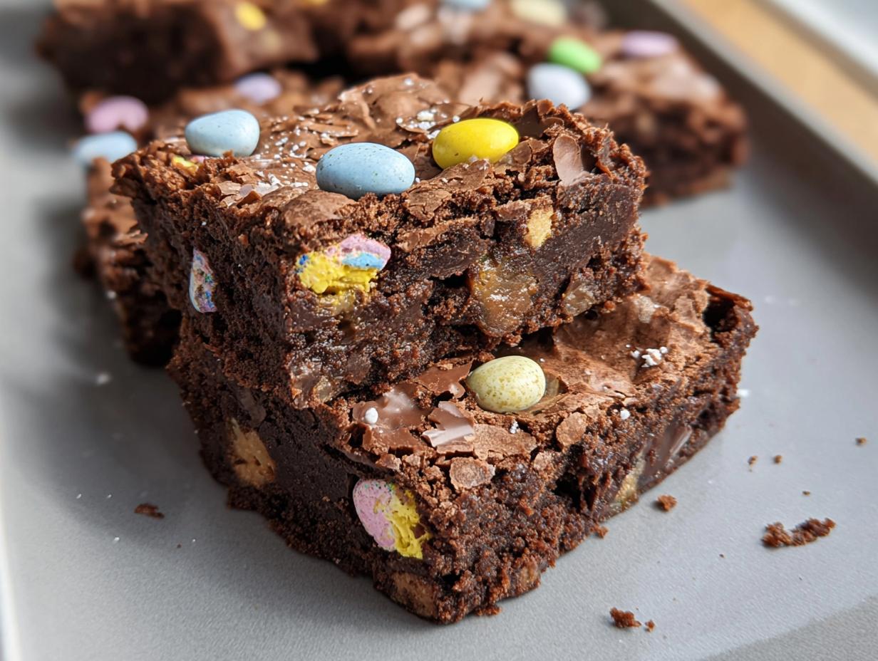 Two fudgy Cadbury Egg Brownies stacked on a grey plate, topped with colorful mini chocolate eggs.