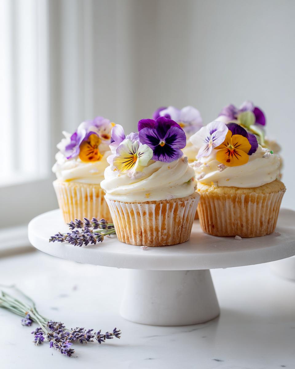 Four Garden Party Wildflower Cupcakes topped with colorful edible pansies displayed on a white cake stand.