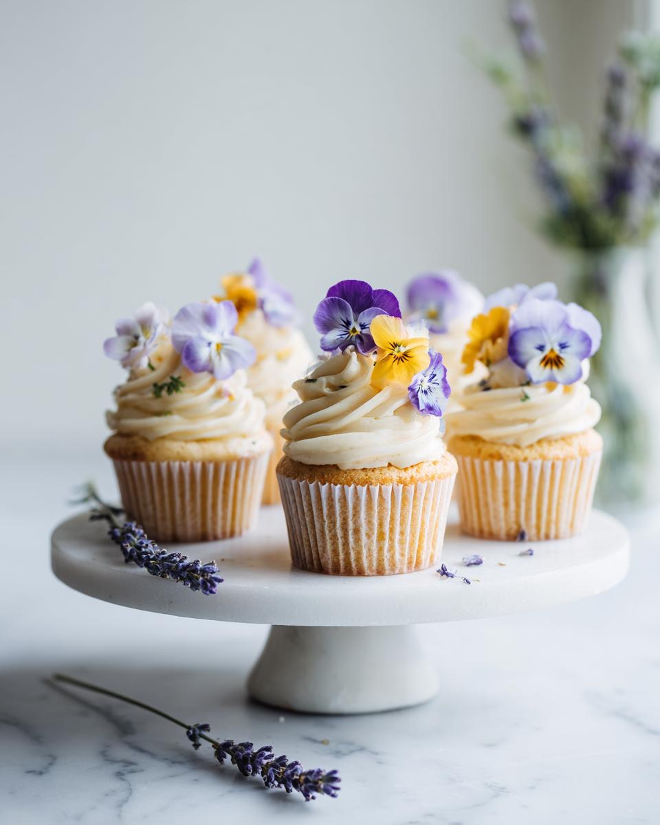 Close-up of several Garden Party Wildflower Cupcakes topped with edible pansies on a white marble cake stand.