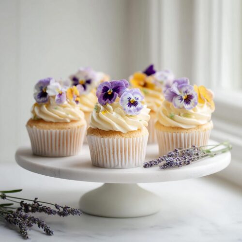 Several Garden Party Wildflower Cupcakes topped with purple and yellow pansies on a white cake stand.