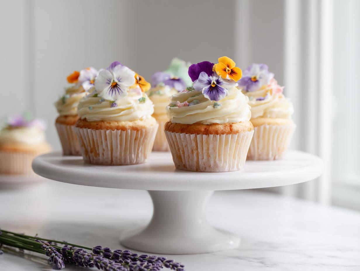 Several Garden Party Wildflower Cupcakes topped with white frosting and edible pansies on a white pedestal.