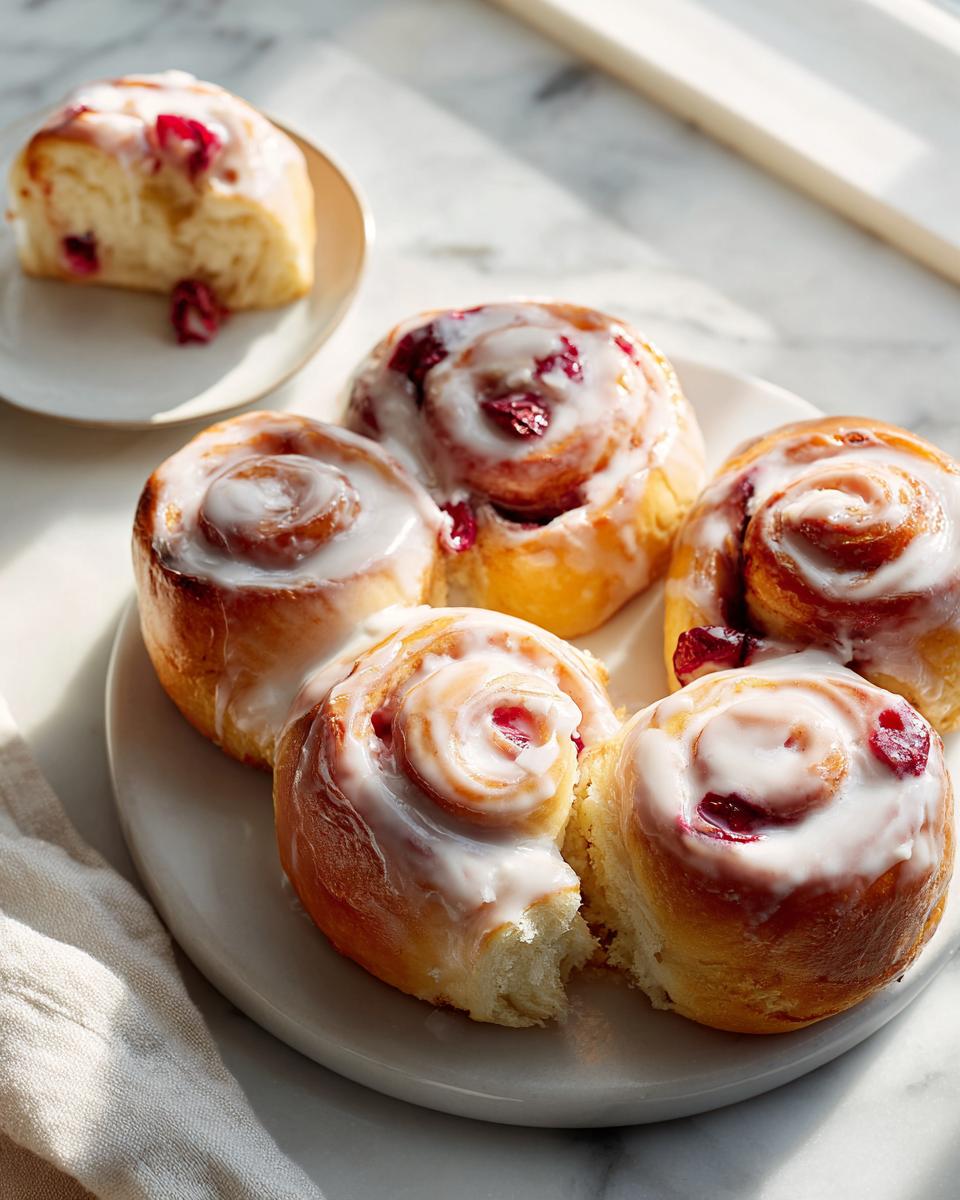 Four freshly baked Cherry Coconut Rolls covered in white glaze, served on a plate with one roll pulled apart.