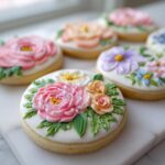 Close-up of several round Hand Painted Floral Baby Shower Cookies with detailed buttercream flowers on a white marble surface.