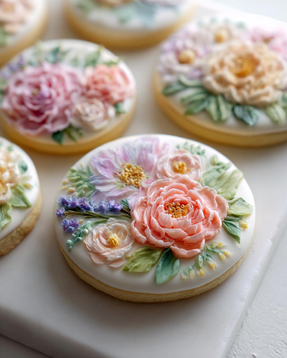 Close-up of a round cookie decorated with intricate 3D buttercream flowers, perfect for Hand Painted Floral Baby Shower Cookies.