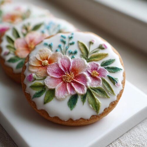 Close-up of a round cookie decorated with intricate, 3D hand painted floral designs, perfect for Hand Painted Floral Baby Shower Cookies.