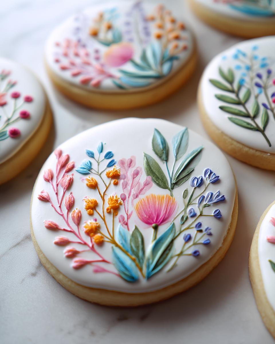 Close-up of a beautifully decorated round sugar cookie featuring intricate hand painted floral designs, perfect for Hand Painted Floral Baby Shower Cookies.