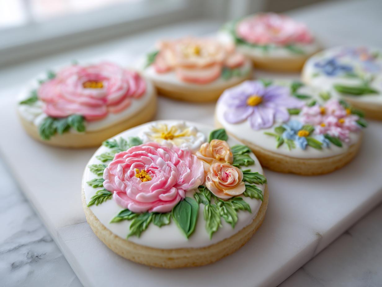Close-up of several round Hand Painted Floral Baby Shower Cookies with detailed buttercream flowers on a white marble surface.
