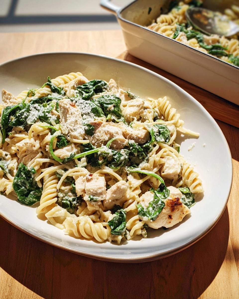 A close-up of Healthy Garlic Parmesan Chicken Pasta with Spinach served on a white dish, topped with grated cheese.