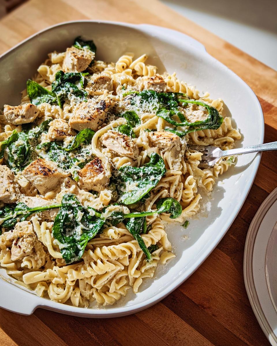 A white bowl filled with Healthy Garlic Parmesan Chicken Pasta with Spinach, featuring rotini pasta, diced chicken, and wilted spinach.