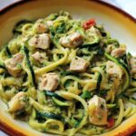 Close-up of Healthy Garlic Parmesan Chicken Pasta made with zucchini noodles, chicken chunks, and creamy sauce.