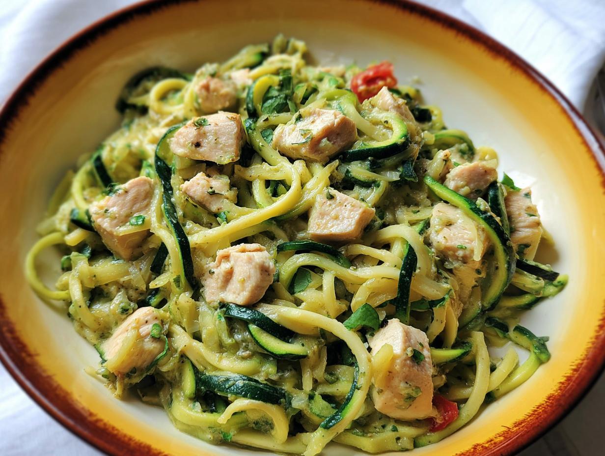Close-up of Healthy Garlic Parmesan Chicken Pasta made with zucchini noodles, chicken chunks, and creamy sauce.