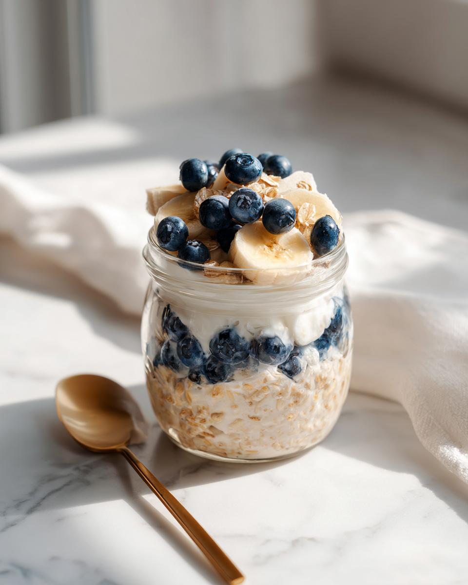 A glass jar filled with High Protein Overnight Oats, topped with yogurt, fresh blueberries, and banana slices.