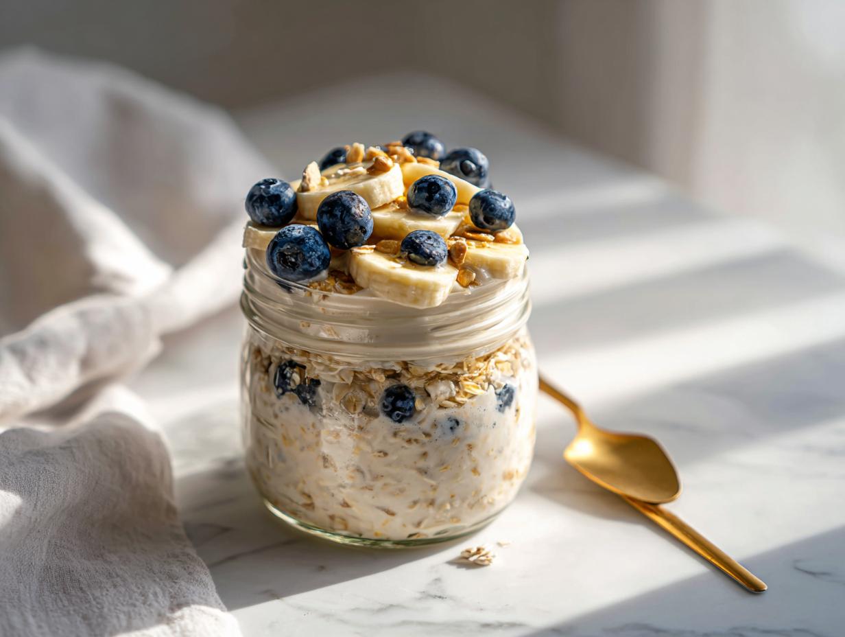 A glass jar filled with creamy High Protein Overnight Oats, topped with sliced banana and fresh blueberries.
