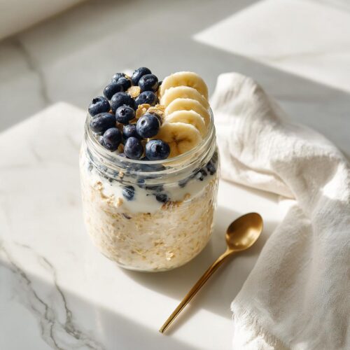 A jar of High Protein Overnight Oats topped with fresh blueberries and sliced bananas, set on a marble surface.