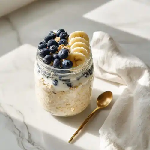 A jar of High Protein Overnight Oats topped with fresh blueberries and sliced bananas, set on a marble surface.