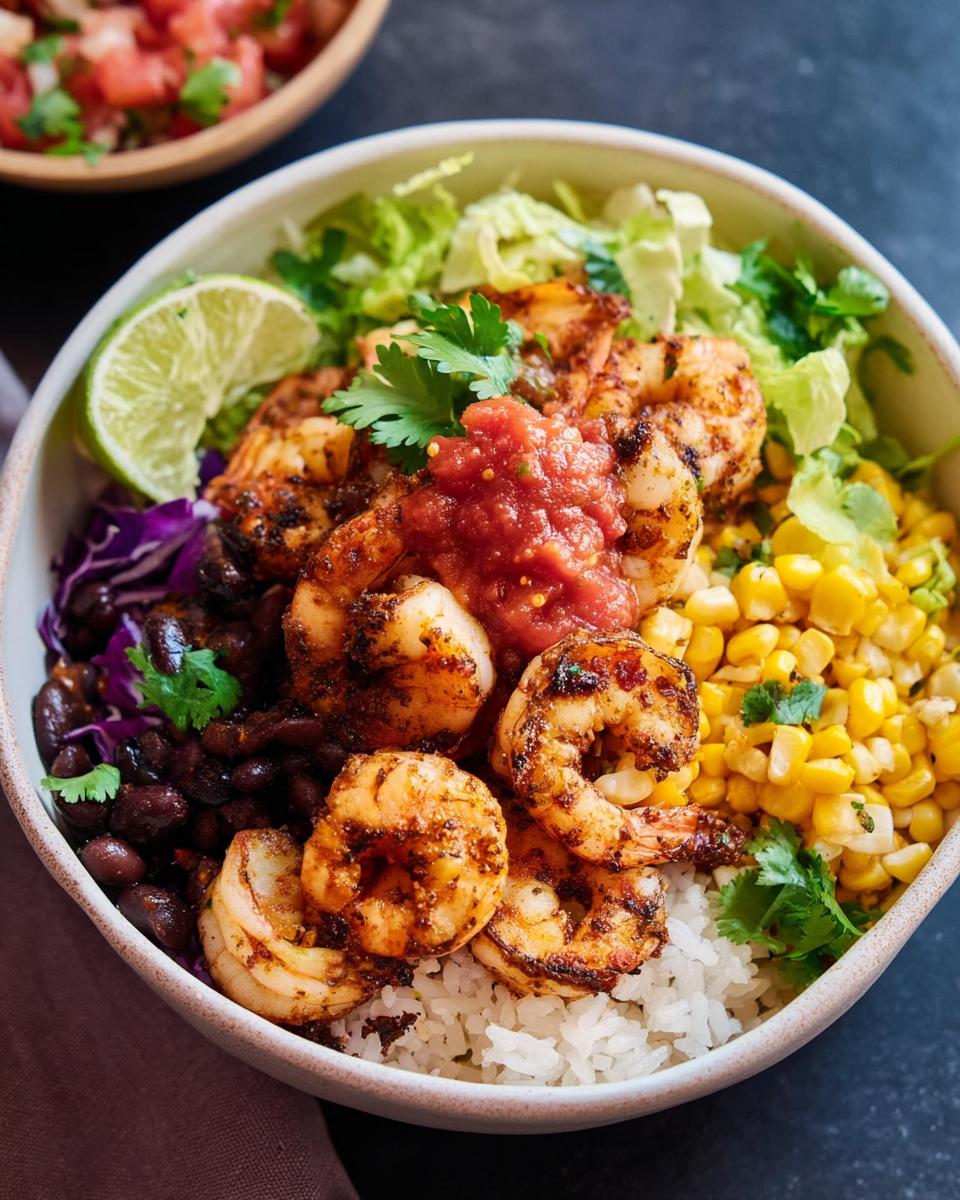 Close-up of a High Protein Shrimp Taco Bowl featuring seasoned shrimp, rice, corn, black beans, and salsa.