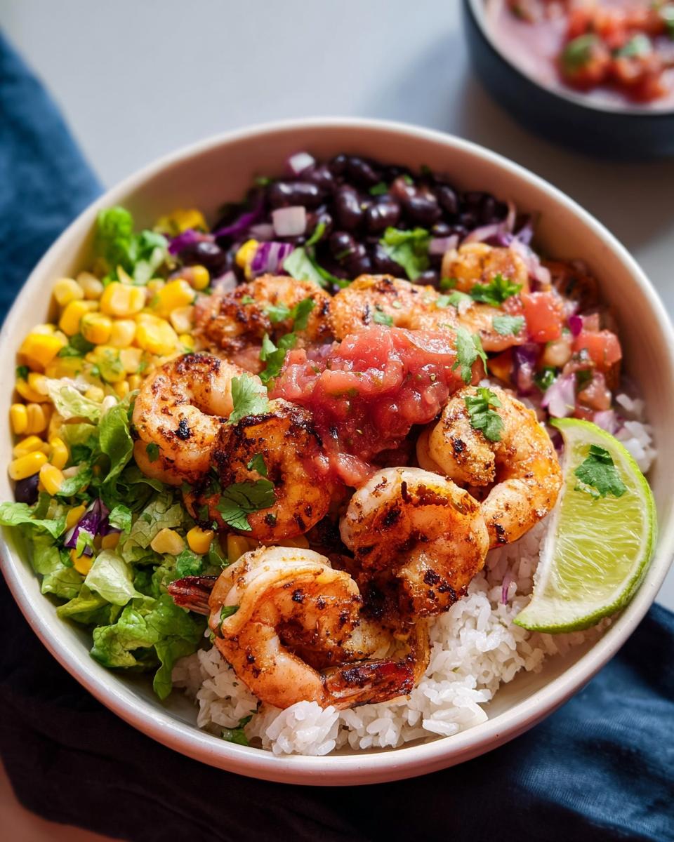 Close-up of a High Protein Shrimp Taco Bowl featuring seasoned shrimp over white rice, black beans, corn, and salsa.