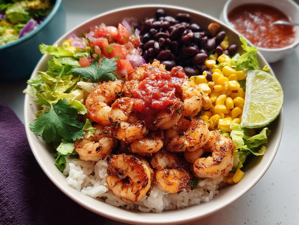 Close-up of a vibrant High Protein Shrimp Taco Bowl featuring seasoned shrimp over rice, black beans, corn, salsa, and lettuce.
