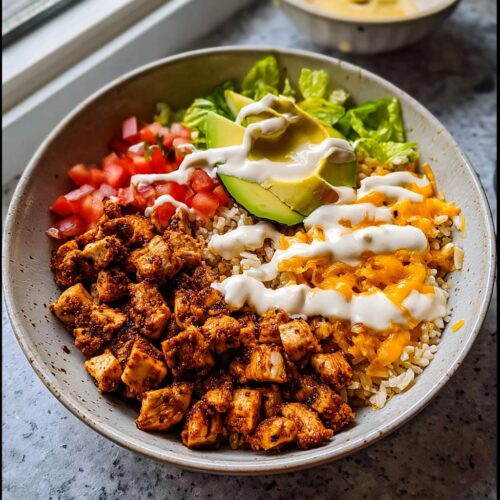 A vibrant High Protein Taco Bowl featuring seasoned chicken, brown rice, avocado, and drizzled with cottage cheese sauce.