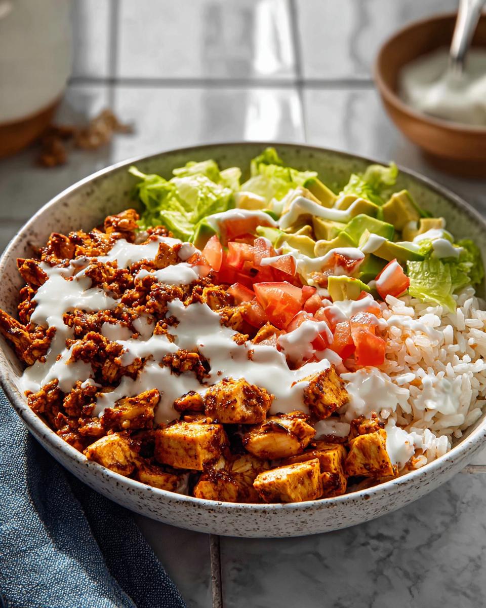 A vibrant High Protein Taco Bowl featuring seasoned chicken, rice, lettuce, tomatoes, avocado, and a drizzle of cottage cheese sauce.