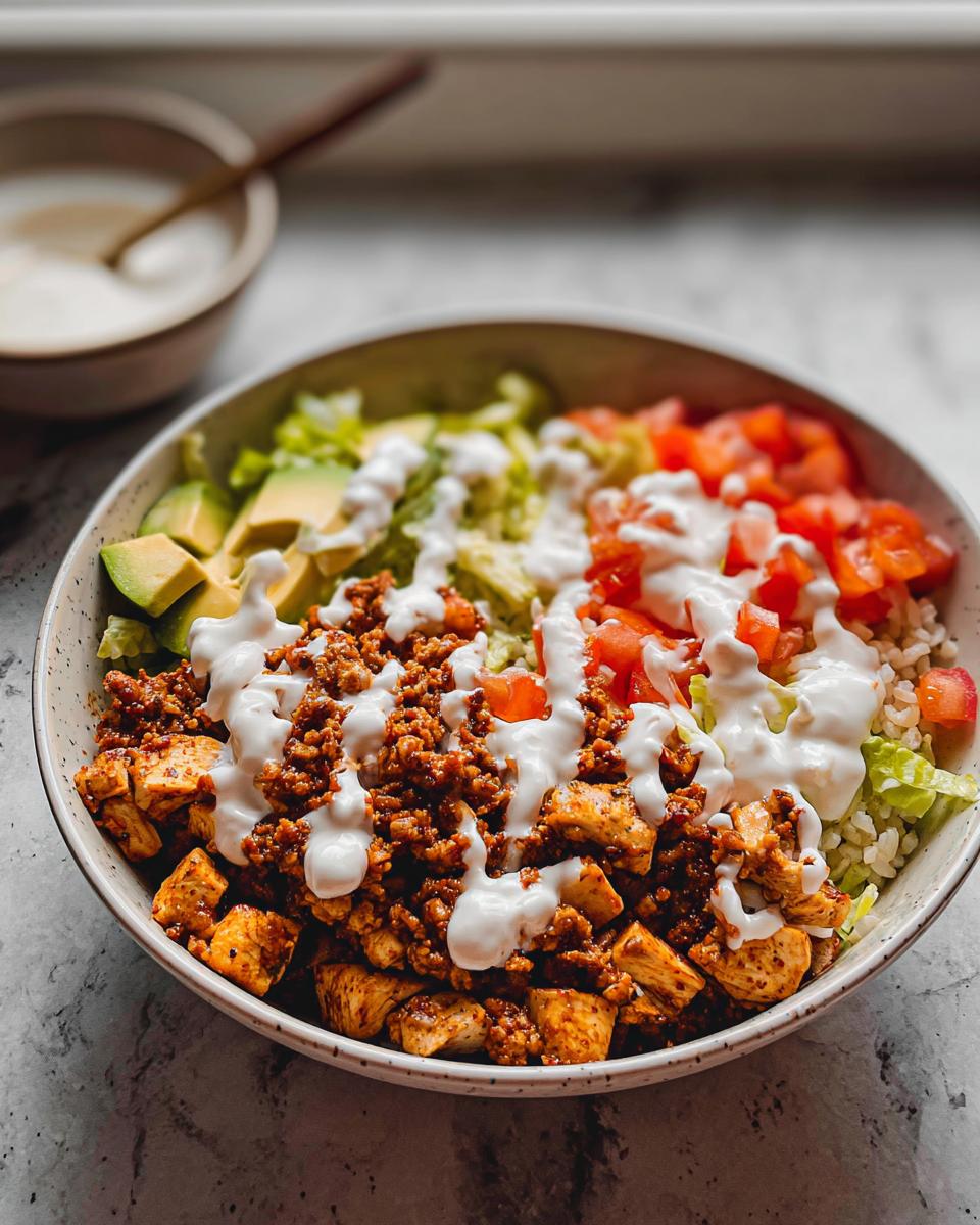 A close-up of a High Protein Taco Bowl with seasoned chicken, ground meat, lettuce, avocado, and drizzled with cottage cheese sauce.
