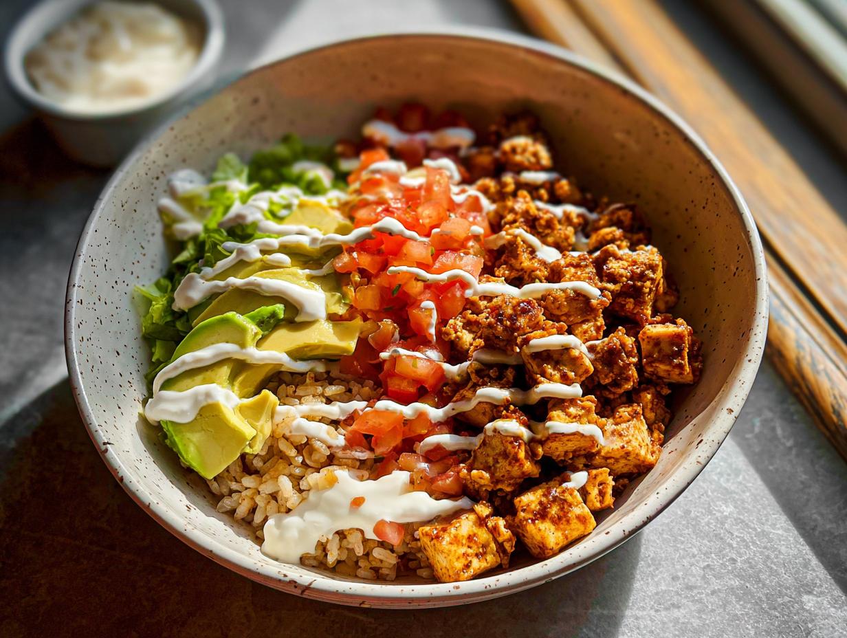 A vibrant High Protein Taco Bowl featuring seasoned tofu, brown rice, avocado, salsa, and a drizzle of cottage cheese sauce.