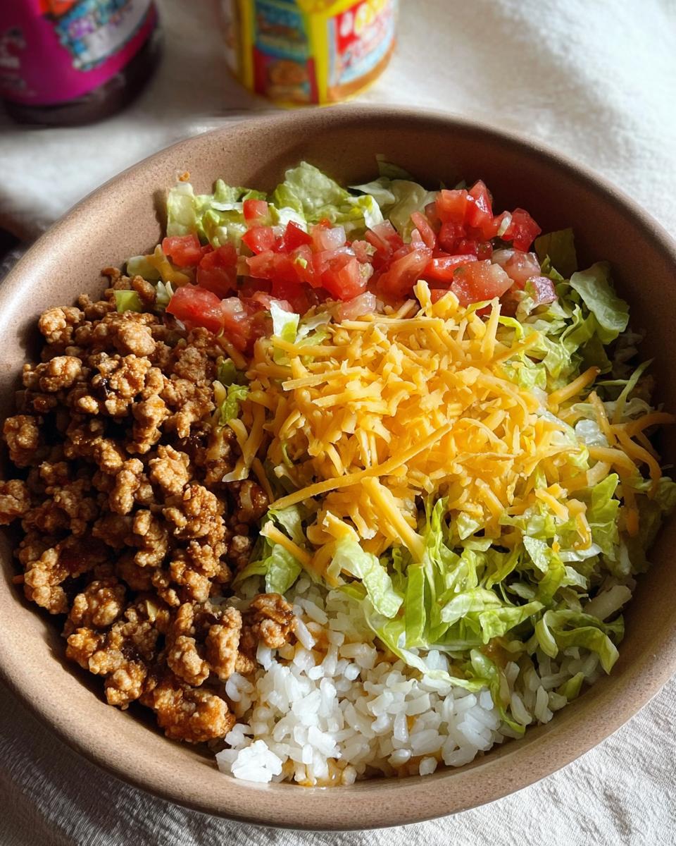 A brown bowl filled with ingredients for a High Protein Turkey Taco Bowl: seasoned ground turkey, white rice, shredded lettuce, diced tomatoes, and shredded cheddar cheese.