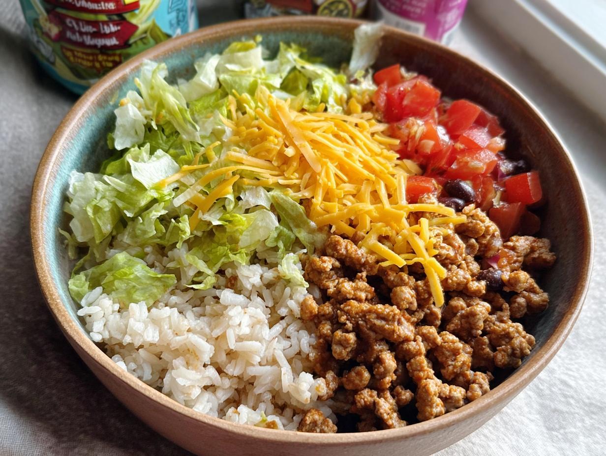 Close-up of a High Protein Turkey Taco Bowl featuring seasoned ground turkey, rice, lettuce, cheese, and tomatoes.