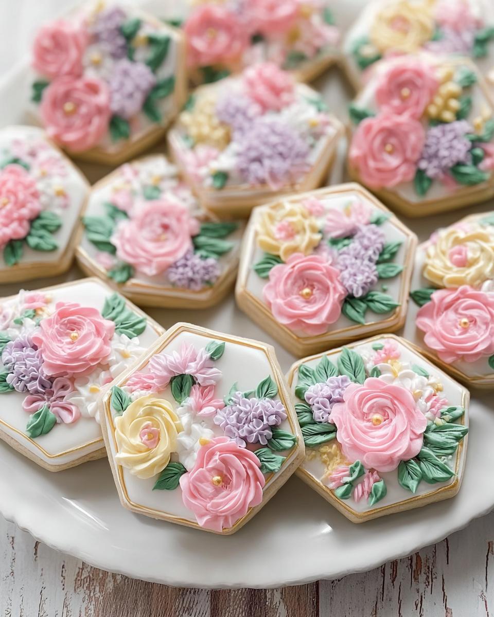 A close-up of several hexagon-shaped Mini Flower Baby Shower Cookies decorated with 3D pink, yellow, and lavender buttercream flowers.