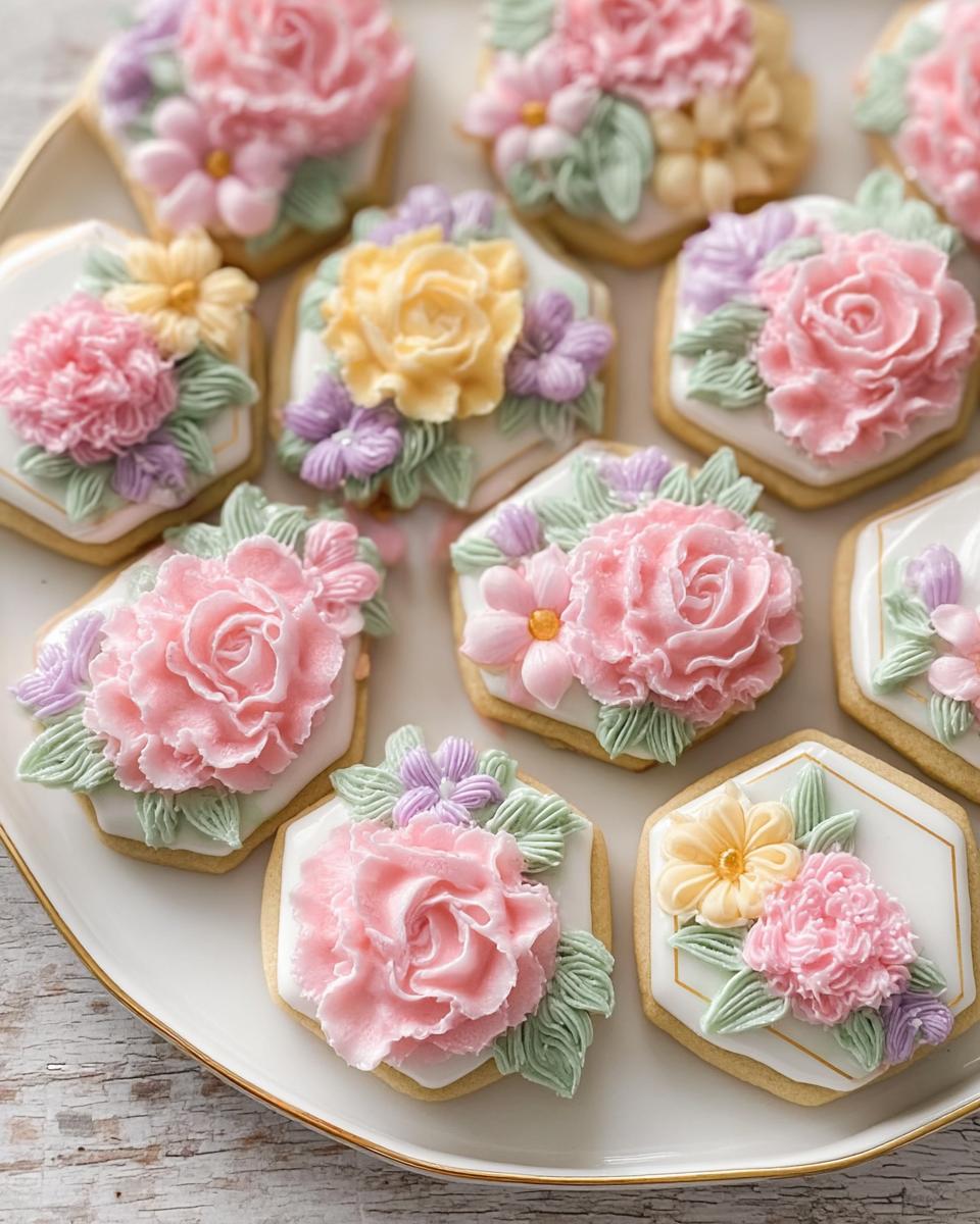 A close-up of several hexagon-shaped Mini Flower Baby Shower Cookies decorated with intricate buttercream flowers in pink, yellow, and purple.