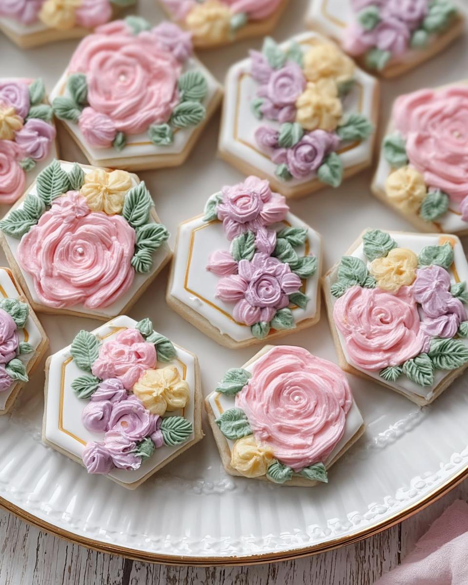 Close-up of hexagon-shaped Mini Flower Baby Shower Cookies decorated with 3D pink, purple, and yellow buttercream flowers.