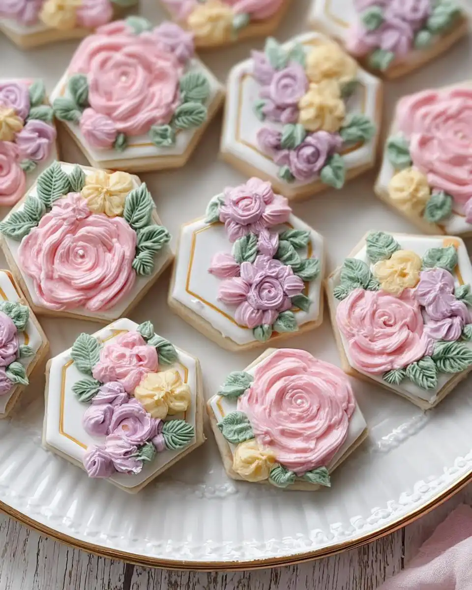 Close-up of hexagon-shaped Mini Flower Baby Shower Cookies decorated with 3D pink, purple, and yellow buttercream flowers.