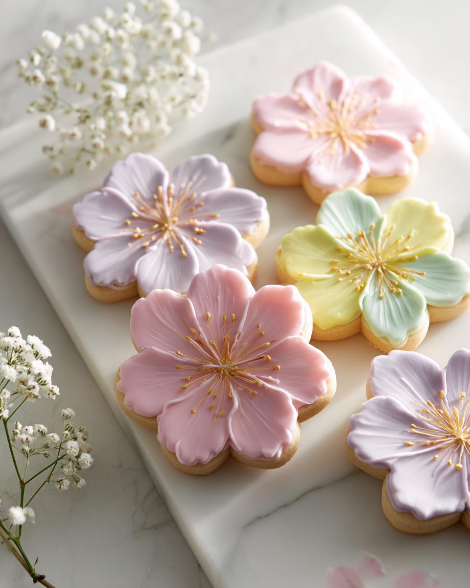 Close-up of pastel pink, purple, and green flower-shaped Wildflower Baby Shower Cookies on a marble surface with baby's breath.