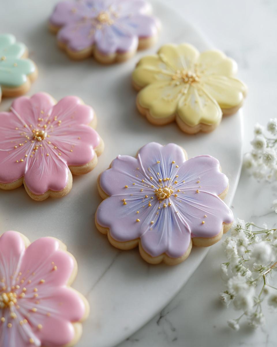 Close-up of beautifully decorated pastel pink, purple, and yellow flower-shaped Wildflower Baby Shower Cookies on a marble surface.